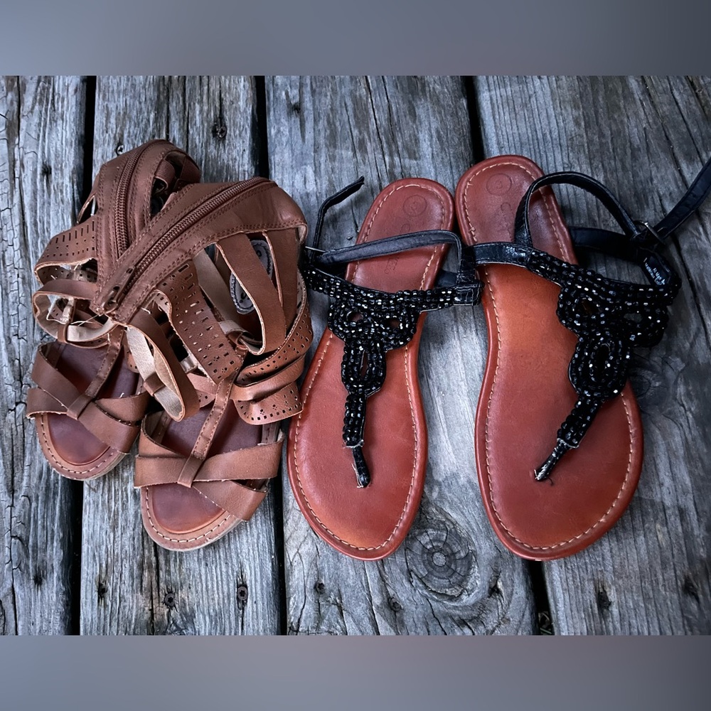 BOGO Girls Size 3 Sandals- Black Sparkle Strappy Flip Flops, Brown Gladiators